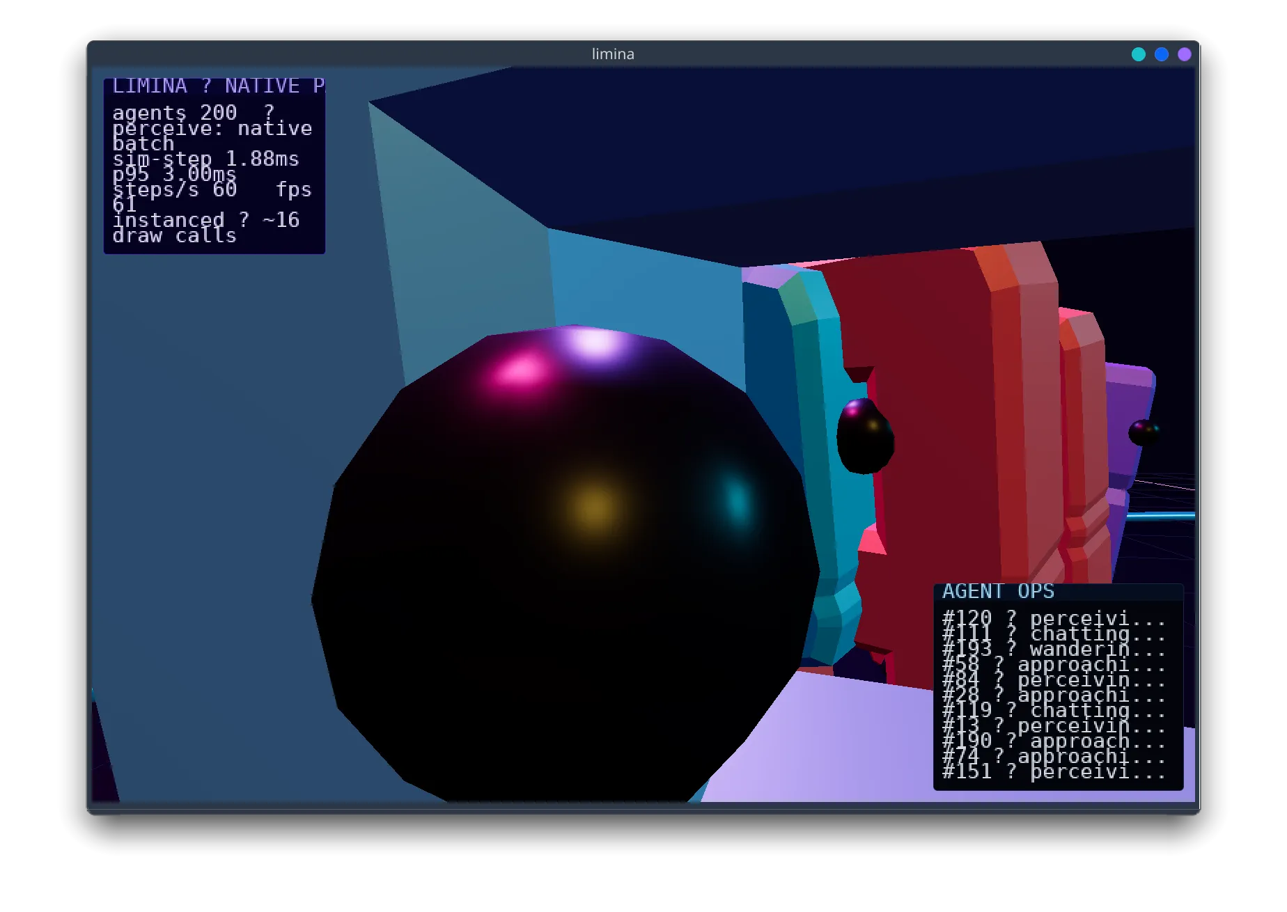 Close-up of agents lit by colored point lights beside a physics sphere.