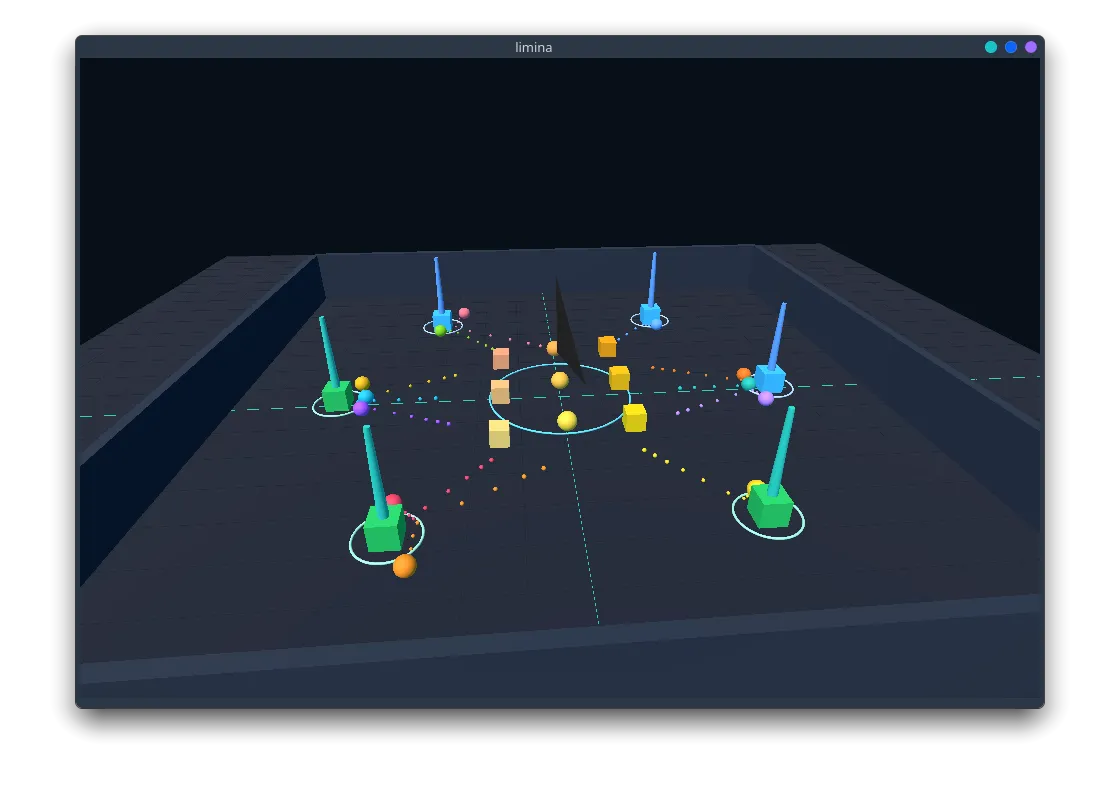 Top-down Limina arena: agents as lit pillars ringed by cyan perception radii, with dotted decision paths converging on scattered targets.
