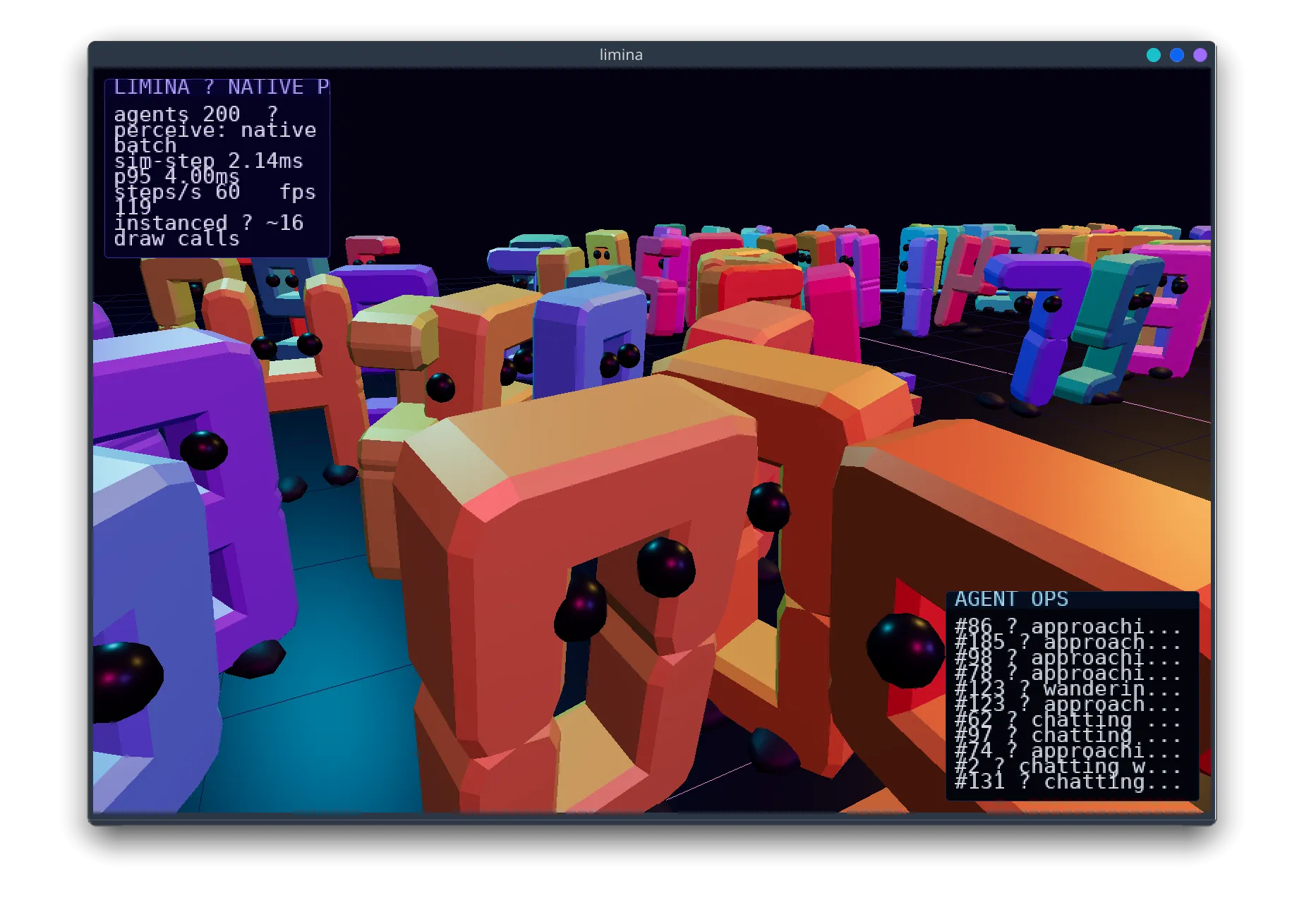 Agent crowd from another angle with telemetry overlay.