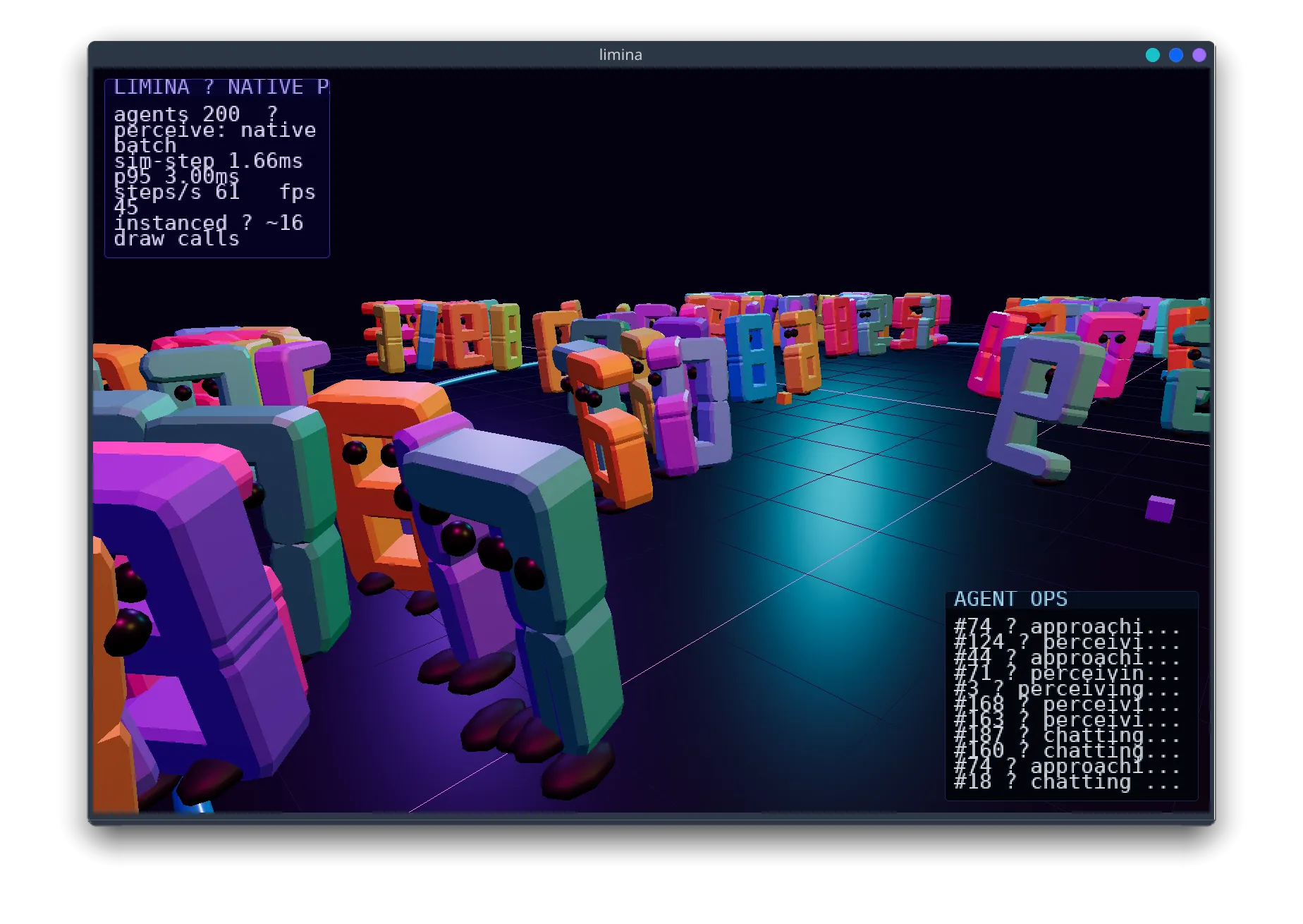 A crowd of low-poly agent-creatures perceiving and acting on a glowing grid, rendered by Limina.
