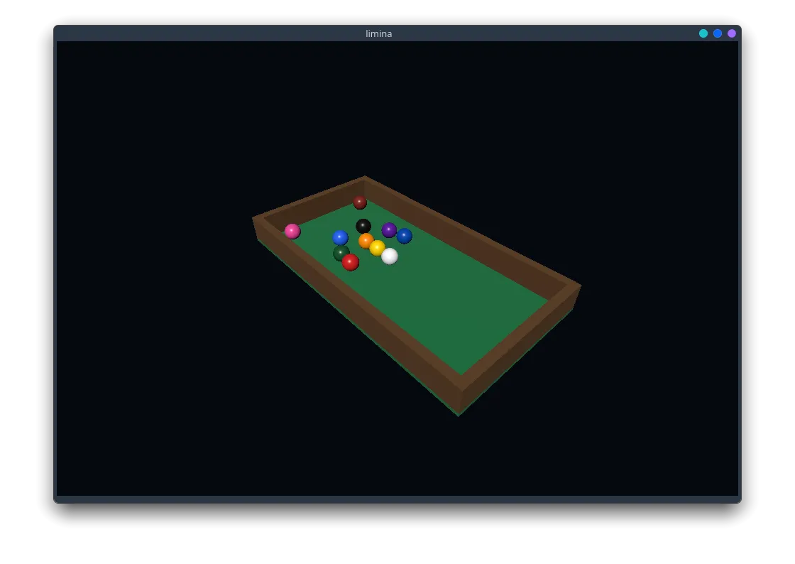 A rack of billiard balls coming to rest on a table, simulated by native Rapier physics.
